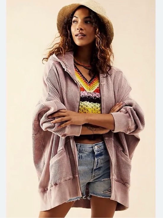 Free People Jackets & Blazers - Free People FP One Waffle Knit Zip Hoodie Oversized Jacket Lilac S/P